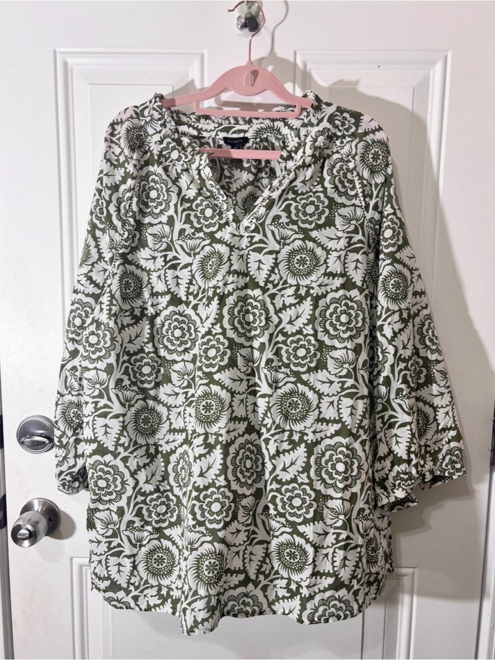 Talbots Olive and White Floral Tunic Top